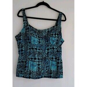 St John’s Bay Womens Tankini Swim Top SZ 22W Black/Teal Print Adjustable Straps